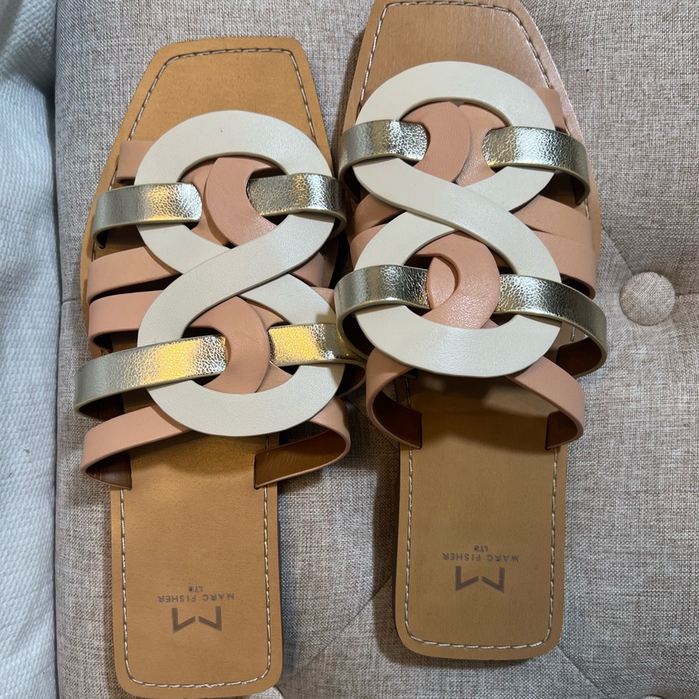 Marc Fisher Pink, White and Silver Sandals with Interwoven Straps